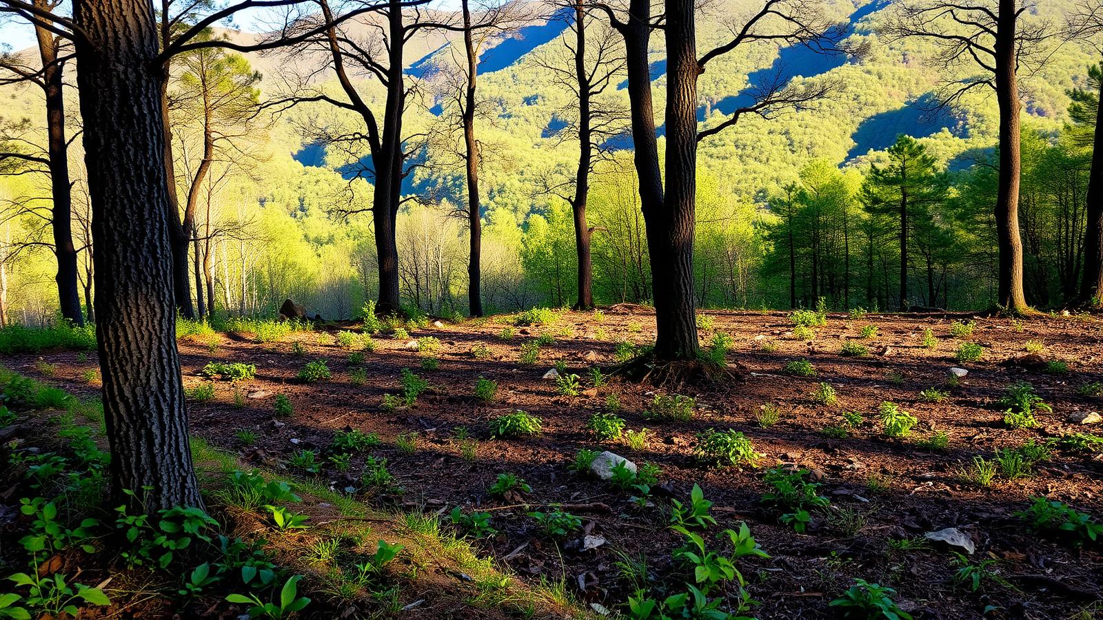 Terrain débroussaillé en lisière de forêt, végétation basse coupée, en Ariège