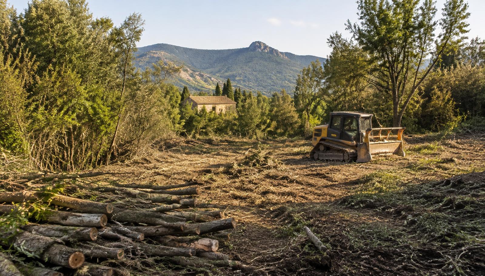 Terrain en cours de défrichage avec arbres coupés et engin de chantier en Ariège
