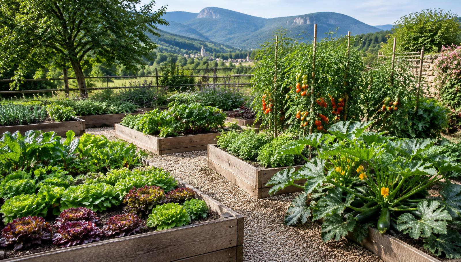 Potager en carrés surélevés avec légumes de saison dans un jardin en Ariège
